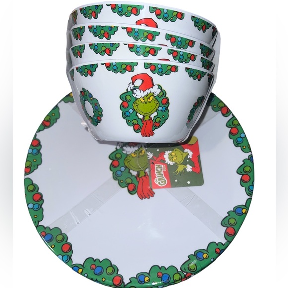 DR SEUSS THE GRINCH MELAMINE  HEAVYWEIGHT 4 CHRISTMAS DINNER PLATES & 4 BOWLS - Picture 1 of 1